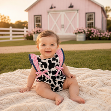 Load image into Gallery viewer, Ruffle Butt Cow Print Bubble Romper