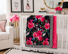 Load image into Gallery viewer, Black Stripe Floral Minky Blanket