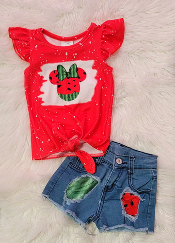 Watermelon Minnie Denim Shorts Set