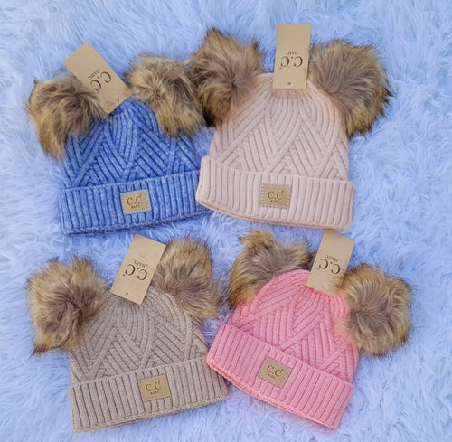 BABY Large Patch Heathered Double Fur Pom Beanie