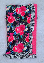 Load image into Gallery viewer, Black Stripe Floral Minky Blanket