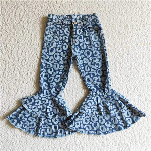 Blue Denim Leopard Bell Bottom Jeans